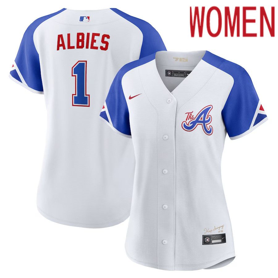 Women Atlanta Braves 1 Ozzie Albies Nike White 2023 City Connect Replica Player MLB Jersey